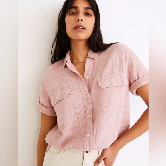 Madewell Shirt Lightspun Short Sleeve Flap-Pocket Dusty Pink 100% Cotton Gauze M - Picture 10 of 10